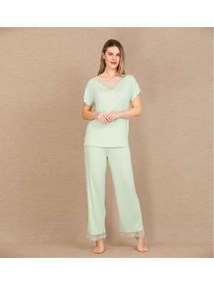 Ava Style Viskon Şık Tasarım Dantel Işlemeli Açık Yeşil Kısa Kol Pijama Takımı Ava