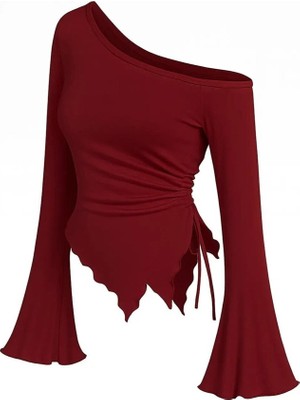 Ava Style Kadın Bordo Uzun Ispanyol Kollu Asimetirik Yaka Yandan Bağlamalı Drapeli Bluz Ava