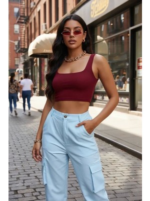 Ava Style Kadın Bordo Kalın Askılı Crop Top Büstiyer Esnek Kumaş Şık Basic Kadın Üst Giyim Ava
