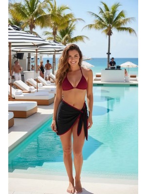 Ava Style Kadın Siyah Bordo Pareolu 3’lü Bikini Takımı Yandan ve Boyundan Bağlamalı Pedli Şık Plaj S