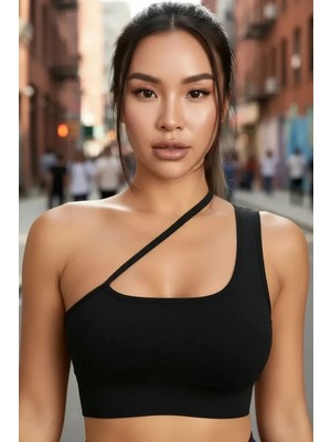 Ava Style Kadın Siyah Modern Fit Tek Omuzlu Çapraz Askılı Crop Top Büstiyer Ava