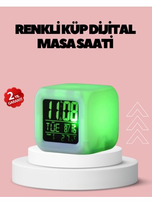 Azrlya Kronometre ve Takvim Destekli Renk Değiştiren LED Dijital Küp Saat - Lisinya