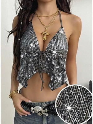 Ava Style Kadın Metalik Gümüş Crop Bluz Pul Detaylı Askılı Önden Bağlamalı Şık Kadın Üst Giyim �