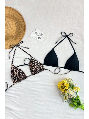 Ava Style Kadın Leopar Desenli ve Siyah Minimal Kesim Üçgen Bikini Üstü Ava