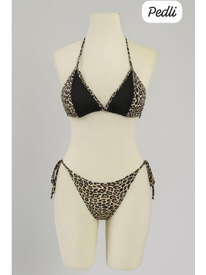 Ava Style Kadın Siyah ve Leopar Detaylı Yandan Bağlamalı Bikini Takımı Ava