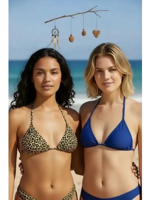 Ava Style Leopar Desenli ve Mavi Detaylı Üçgen Bikini Üstü Minimal Kesim Bağlamalı Kadın Mayo Üstü 2