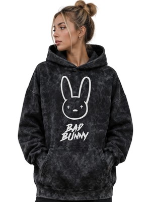Sevbano Bad Bunny Rapper Şarkıcı Baskılı Unisex Oversize Premium Yıkamalı Hoodie Sweatshirt