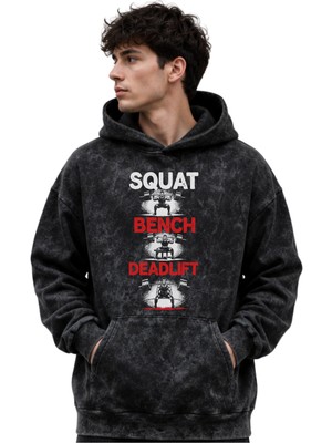 Sevbano Squat Bench Deadlift Fitness Gym Bodybuilding Baskılı Unisex Oversize Yıkamalı Hoodie Sweatshirt