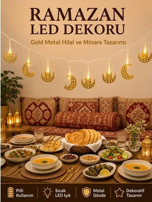 Nemere İthalat Minareli Hilal LED Işık Gold Metal Gövdeli Pilli Ramazan Dekoru Nemere Ithalat