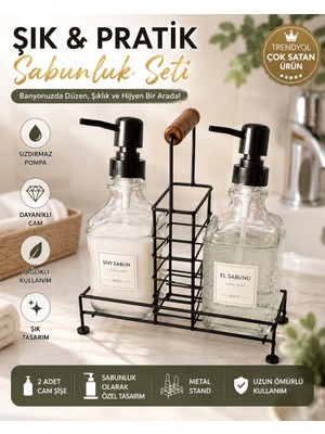 Tunay 2'li Cam Sıvı Metal Standlı Sabunluk & Deterjanlık Seti- 500 ml