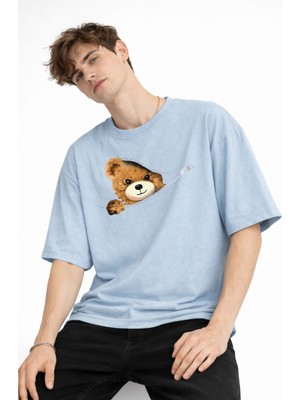 Mooien Mn - Bear Baskılı Oversize Tişört Açık Mavi