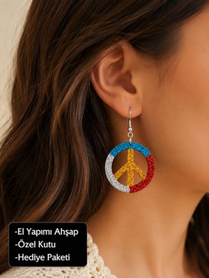 Herşey Nota El Yapımı Ahşap Barış Sembolü Renkli Tasarım Küpe – Bohem ve Retro Kadın Küpesi