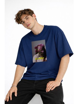 Mooien Blurry - Oversize Erkek Tişört Koyu Mavi