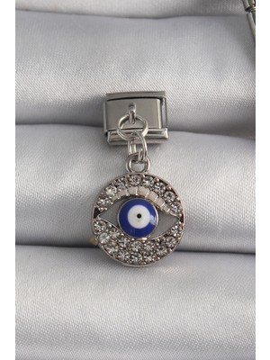 Aesco 316L Çelik Gümüş Renk Sallantı Zirkon Taşlı Göz Model Nazar Boncuk Detay Nomination Charm 5886