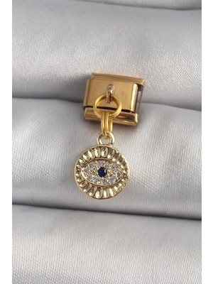 Aesco 316L Çelik Gold Renk Sallantı Zirkon Taşlı Göz Model Nomination Charm 5886