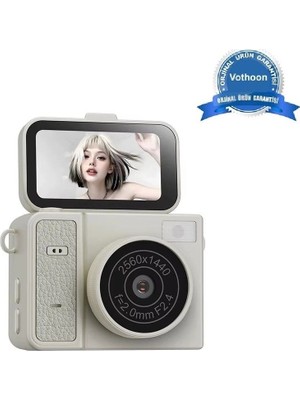 Mudanis 2k Mini Dijital Retro Video Kamera Flaşlı Dijital Vlog Mini Fotoğraf Makinesi Türkçe Menü Bej