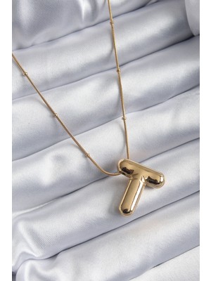 Aesco 316L Çelik Gold Renk Bubble "t" Harf Model Kadın Kolye 5886