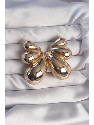 Aesco Pirinç Gold Renk Iri Bombeli Kelebek Küpe 5886