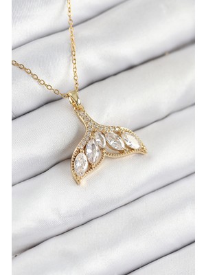 Aesco 316L Çelik Zirkon Taşlı Balık Kuyruğu Model Gold Renk Kadın Kolye 5886