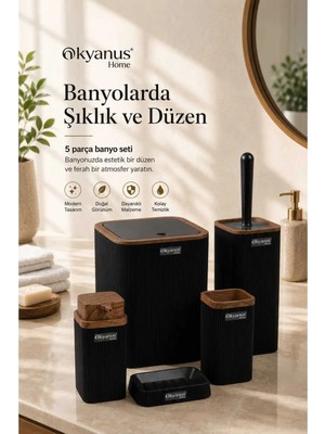 Empressco Stella Siyah Ahşap Desenli Çizgili 5'li Banyo Seti