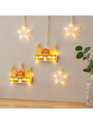 TKÇ Ramazan LED Perde Lamba 3m (Fişli, Eklemeli) - Sarı Cami ve Yıldız