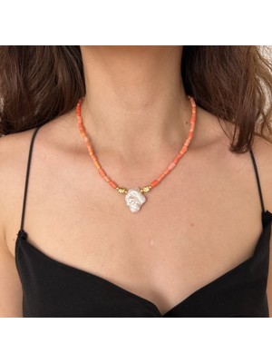 Suerte Accessories Pembe Mercan Doğal Taş Barok Inci Detaylı Özel Tasarım Kadın Doğaltaş Kolye