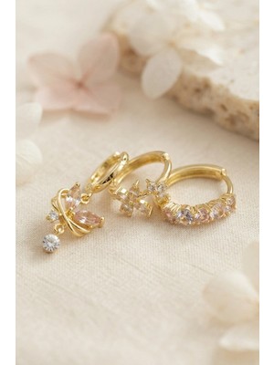 Mey İthalat Mey Ithalat® 3 Lü Set Gold Renk Zirkon Taşlı Kelebek Model Küpe