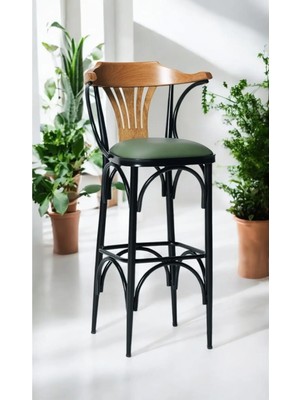 Empressco Bar Sandalyesi Özel Üretim YEŞIL-KAHVE-T169/75 (Oturma Yüksekliği 75CM) Metal Iskelet, Ahşap Kolçak