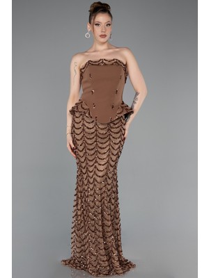 Abiyefon Straplez Peplum Uzun Pullu Abiye Elbise ABU5919