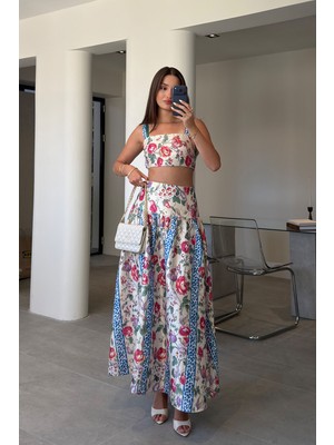 Magarde Desenli Saten Crop Takım- Yeşil
