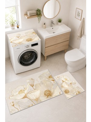 Homenette Modern 3 Parça Banyo Paspas Seti Kaymaz Tabanlı Makinede Yıkanabilir Banyo Halısı Takımı ve Çamaşır Makinesi Matı