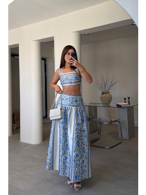 Magarde Desenli Saten Crop Takım- Mavi