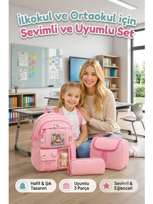 Pairla Okul Çantası Seti Kız Çocuk 3'lü Ilkokul Ortaokul Okul Çantası Su Geçirmez Sırt Çantası Beslenme Çantası Kalemlik Ortopedik Ergonomik Hafif Dayanıklı Geniş Hacimli Okul Seti