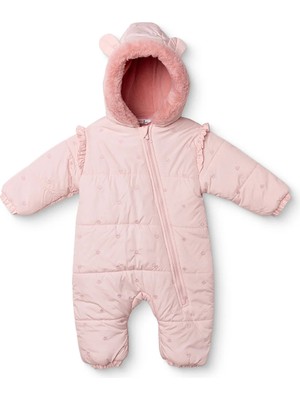 Midimod Kız Bebek Astronot Tulum Kalp Baskılı Fermuarlı Kapüşonlu Long Sleeve Lastikli