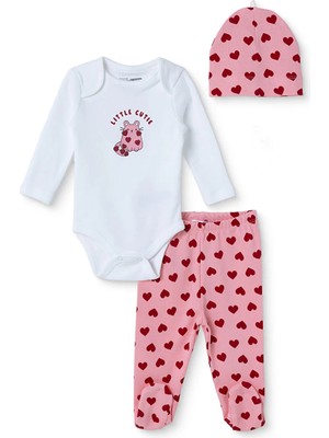 Hellobaby Kız Bebek Body-Alt-Şapka Hayvan Baskılı Çıtçıtlı Bisiklet Yaka Long Sleeve Patikli