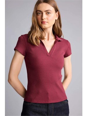 DeFacto Slim Fit Kaçık Yaka Basic Fitilli Kısa Kollu Bordo Polo Tişört G8735AX26SP