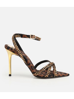 Hotiç 01SAH321540A491 KADIN Deri Leopar Desenli Gold Taş Topuk Detaylı Bilekten Bağlamalı Ince Topuklu Sandalet