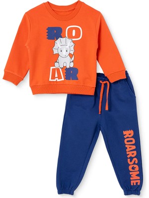 Hellobaby Erkek Bebek Eşofman Takımı Dinozor Baskılı Bağcıklı Bisiklet Yaka Long Sleeve Ribanalı