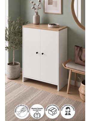 Bofigo Ayakkabılık 4 Raflı Ayakkabılık 2 Kapaklı Ayakkabılık Dekoratif Ayakkabılık Şebnem Safir Meşe Beyaz