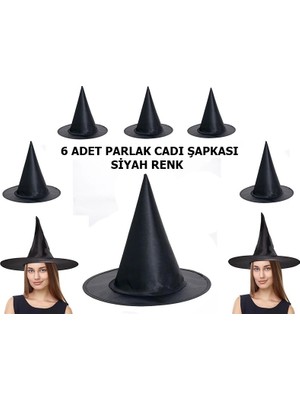 Ankaverse® Siyah Renk Parlak Dralon Cadı Şapkası Yetişkin ve Çocuk Uyumlu 6 Adet