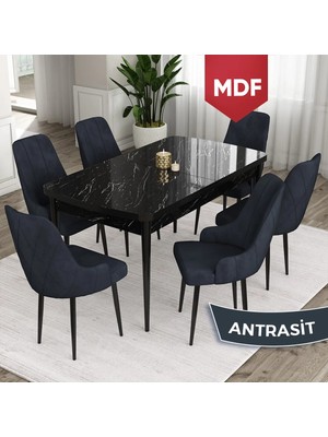 Canisa Concept Ram Serisi MDF 80X132 Açılabilir Siyah Mermer Desen Yemek Masası Takımı 6 Babyface Kumaş Sandalye