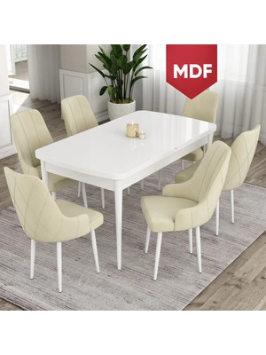 Canisa Concept Ram Serisi, MDF 80X132 Açılabilir Masa Takımı, Beyaz Masa 6 Sandalye