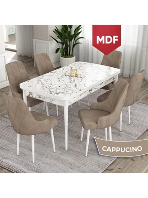 Canisa Concept Ram Serisi MDF 80X132 Açılabilir Yemek Masası Takımı Beyaz Mermer Desen Masa 6 Babyface Kumaş Sandalye