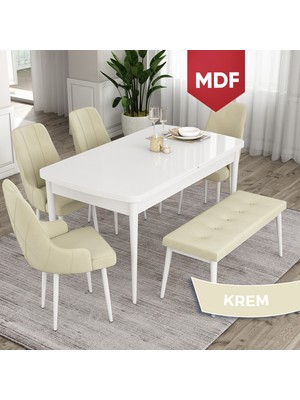 Canisa Concept Ram Serisi MDF 80 x 132 cm Mutfak Masa Takımı Beyaz Masa 4 Sandalye 1 Bench