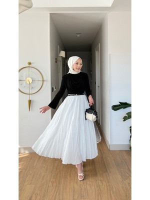 Salisburys Molly Nelly Kadın Vual Kumaş Kırışık Uzun Astarlı Etek