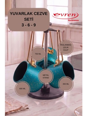 EVREN MUTFAK 4 Parça Green(Yeşil) Cezve Seti (350-600-750 ml Cezve + Stant)