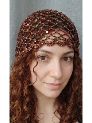 Sfenks. Shimmer Kahverengi Işıltılı Örgü Saç Filesi - Simli Boncuklu El Örgüsü Saç Aksesuarı Bandana