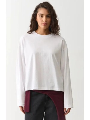Madmext Ekru Basic Bisiklet Yaka %100 Pamuklu Uzun Kollu Tişört MG2889