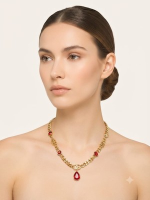 Kırmızı Damla Taşlı Gold Gurmet Zincir Kolye