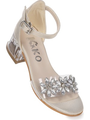 Kiko Kids 790  Taşlı Kız Çocuk 3 cm Şeffaf Topuklu Sandalet Ayakkabı Altın